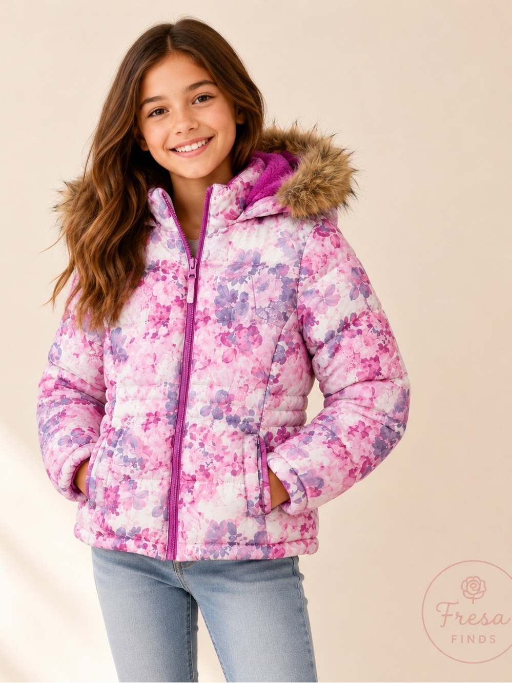 SO Girls Floral Puffer Jacket Faux Fur Hood Pink Purple Size 10/12